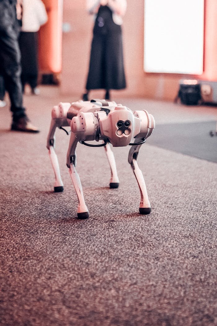 why-choose-us Robotic dog displayed at a tech event showcasing innovative technology.