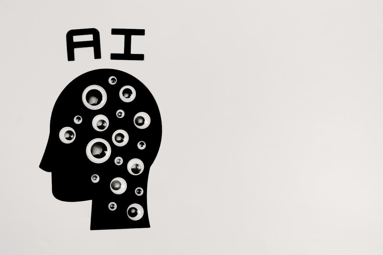 home-hero Abstract illustration of AI with silhouette head full of eyes, symbolizing observation and technology.