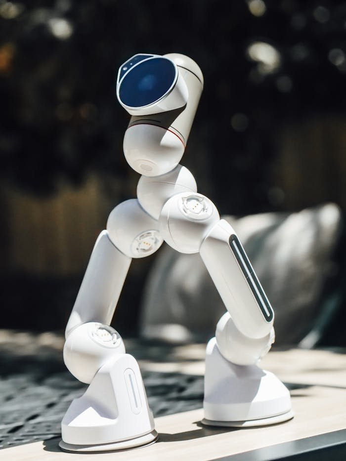 services-bg Modern white robot with blue lens, outdoor shot in bright light, showcasing futuristic design.